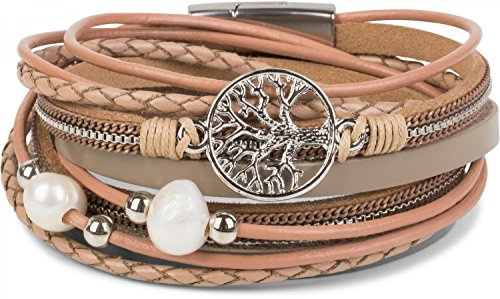 styleBREAKER Wickelarmband mit Perlen, Ketten, Flechtelement und Lebensbaum Anhänger, Magnetverschluss, Armband, Damen 05040070, Farbe:Beige-Altrose