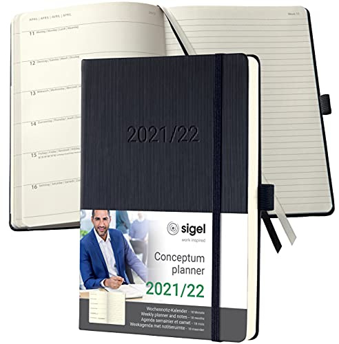 SIGEL C2203 Terminplaner Wochennotiz-Kalender 2021/2022 - ca. A5 - schwarz - Hardcover - 256 Seiten - Gummiband, Stiftschlaufe, Archivtasche - PEFC-zertifiziert - 18-Monatskalender - Conceptum