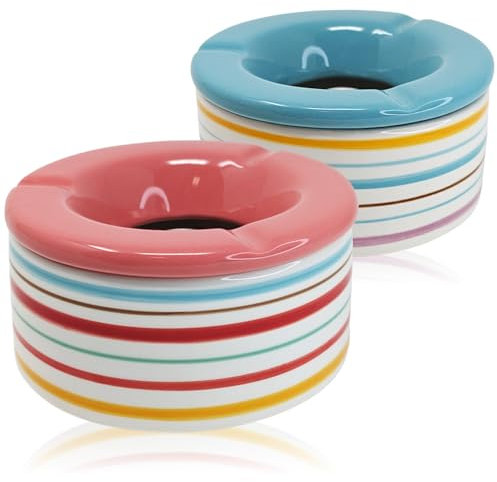 com-four® 2x Windaschenbecher XL - Großer Aschenbecher aus Porzellan - Premium Sturmaschenbecher mit farbigen Streifen - 13,5 x 7 cm (2 Stück - pink/blau)