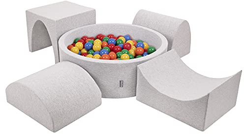 KiddyMoon Spielplatz Aus Schaumstoff Mit Rund Bällebad (300 Bälle) Ballgruben Für Babys Spielbad Hindernisläufen, Hergestellt In EU, Hellgrau:Gelb/Grün/Blau/Rot/Orange