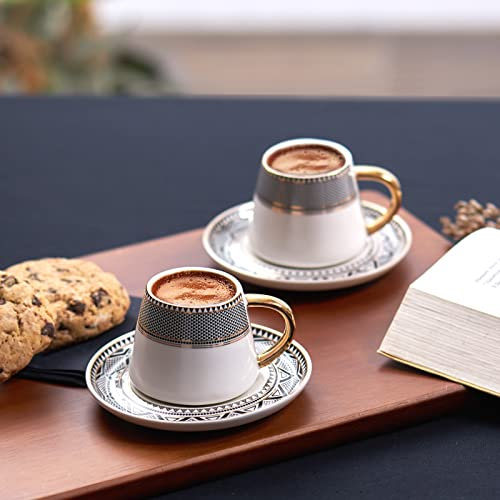 Karaca Globe Set avec 2 tasses à café, soucoupe, tasse à moka robuste, bord épais, tasses à espresso, tasses à moka, set à espresso en porcelaine, tasse à café traditionnelle