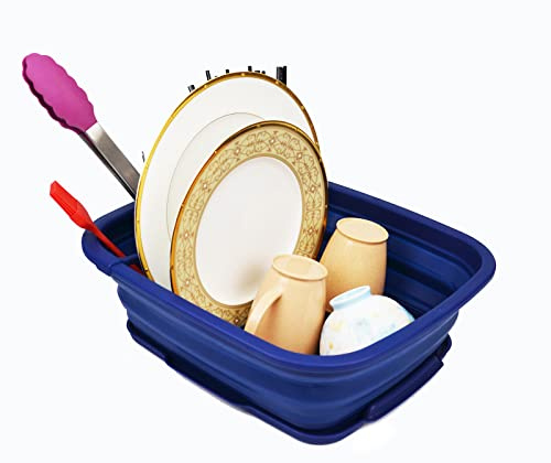 SAMMART Faltbares Plastik Abtropfgestell mit Abtropfbrett, 8 l, faltbares Abtropfgestell-Set – tragbarer Geschirr-Organizer – platzsparendes Küchenregal (Königsblau, 1)