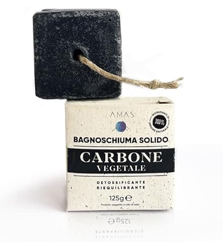 AMAS Bagnoschiuma Doccia Solido - CARBONE VEGETALE -100% Naturale - Vegan - Plastic Free - Detossificante e Riequilibrante- Equivale a 3 Flaconi in Plastica -125g- Fatto a Mano in Italia -