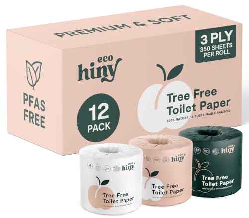 ecoHiny Hochwertiges und weiches Bambus-Toilettenpapier, PFAS-frei, 12 Mega-Rollen, 3-lagig und 350 Blatt, ungiftig, FSC-zertifiziert, septisch sicher, BPA-frei, baumfreies Toilettenpapier