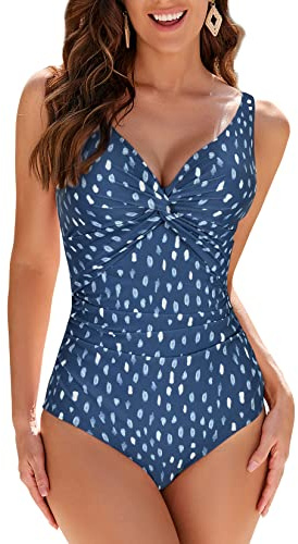 WIN.MAX Baddräkter för kvinnor V-hals baddräkt med magkontroll Monokini med lockar, för D-G koppar, Regndroppe, 44