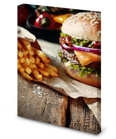 Magnettafel Pinnwand Bild Burger Hamburger Pommes Food Größe 80 x 100 cm