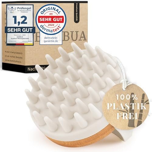 BAMBUA Kopfhaut Massagebürste - (Anti-Schuppen Effekt) Kopfmassage Bürste - Zur Kopfmassage beim Duschen - Premium Scalp Massager - Utensilienset Massage inkl. E-Book „Gesunde Kopfhaut“ (Weiß)