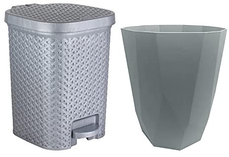 JMS we create smile SET OF 2-8 Litre Waste Paper Bin with 7 Litre Rattan Style Square Pedal Bin, Waste Basket Plastic Dustbin Trash Can Ideal For Kitchen Home Office (Grey)