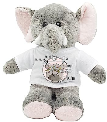 Kilala Personalisierte Geschenke zur Geburt mit Namen und Geburtsdaten Plüschtier Elefant (Hase Streifen)