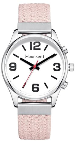 Hearkent Orologio parlante da donna con voce francese grandi numeri per persone ipovedenti, ciechi o anziani, Nylon rosa, Classico