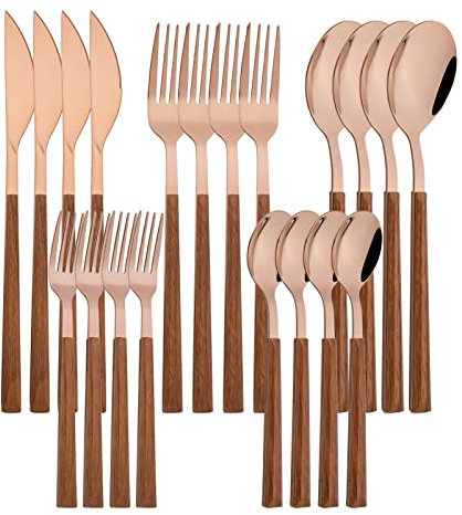 20 Pcs Or 304 En Acier Inoxydable Ensemble De Vaisselle Poignée En Bambou Couverts Gâteau Fourchettes Set Cuillère À Café Table Western-Legno Rosa Marrone