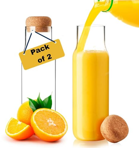 Wrenbury Fridge Glass Carafe with Lid Set of 2 - Borosilicate Glass Water Bottles 1 Litre - Bottles with Cork Lid - Laundry Detergent Storage Set