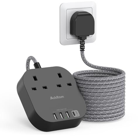 3M Extension Lead with USB Slots, Power Strips with 2 Way Outlets 4 USB (4.5A, 1 Type C and 3 USB A Ports) Surge Protection Plug Extension Socket with Braided Extension cord for Home/Office