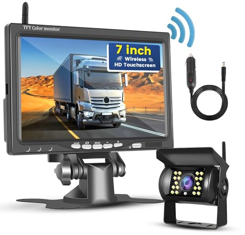 Hikity BSD 1080P Kabellos 7 Monitor Rückfahrkamera Set 12-24V für LKW Van | Monitor IP68 Rückfahrkamera Wasserdicht Nachtsicht DIY Parkleitlinie für LKW Bus Van 12-24V