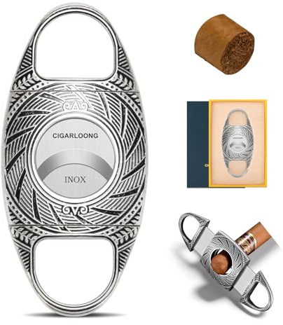 Cigar Cutter Stainless Steel, Double Sharp Blade Cut Carving Guillotine with Leather Protector in Gift Box(Silver)