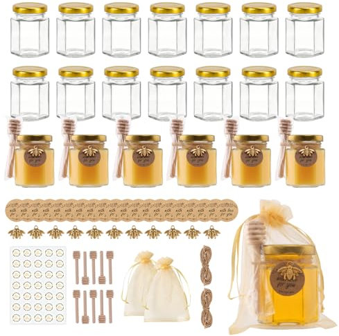 SZUAH Mini-Honiggläser mit Dipper, sechseckiges Glas für Hochzeitsgeschenke, leere Gläser für Partygeschenke, 20 Stück