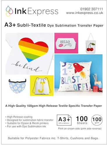 Ink Express Subli-Textile High Release A3+ 100gsm Dye Sublimation Transfer Paper Compatible with EPSON, SAWGRASS, RICOH, Brother Sublimation Printers (100 Sheets)