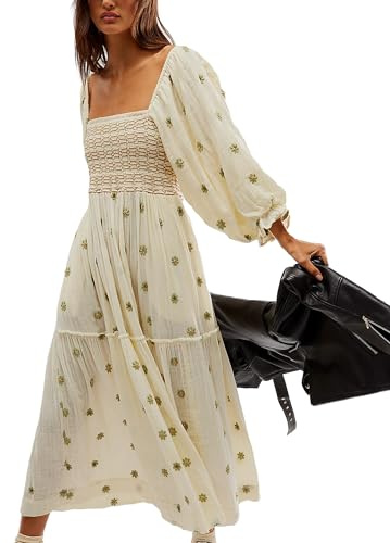 Miolasay Women 3D Embroidered Flowers Maxi Dress Square Neck Puff Sleeve Tiered Long Dress Bohemian Backless A-line Flowy Dress (B-Beige, M)