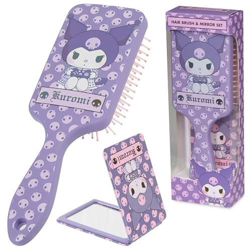 Hello Kitty hårborste och kompakt spegelset för flickor, tonåringar, kvinnor, utredningsborste, Kawaii söta saker, sminkgåvor till henne (Kuromi-borste och spegel)
