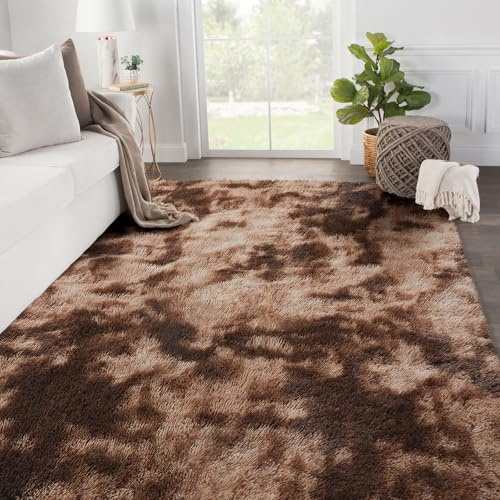 SOANNY Hochflor Wohnzimmer Teppich, Waschbar Anti-Rutsch, Flauschige Moderne Langflor Shaggy Teppich für Schlafzimmer & Kinderzimmer, Bettvorleger Matte, 90x150 cm, Braun