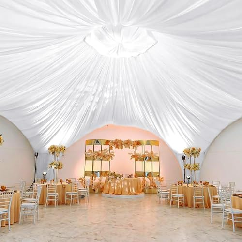 REWOMC 10 Panels White Ceiling Drapes for Wedding 5ftx40ft Sheer Drapery Chiffon Fabric Arch Draping Curtains for Party Ceremony Birthday Baby Shower Reception Stage Ceiling Decorations