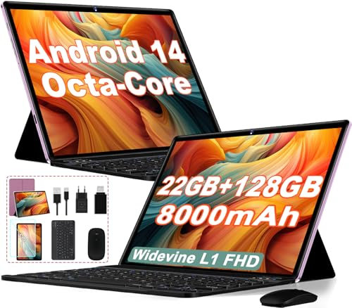 Dghrti Tablet 10 Pulgadas Android 14, 22GB RAM+128GB ROM (1TB TF), CPU Octa-Core, 8000mAh, Widevine L1, Dual WiFi, BT 5.0, Face ID, 5MP+8MP, con Carcasa MetÃlica, Teclado y Ratón-Violeta