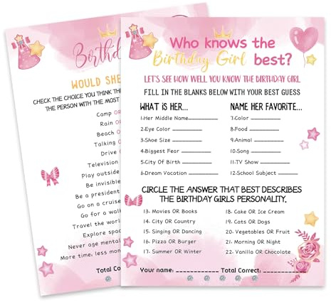 Who Knows The Birthday Girl Best, 30 Birthday Party Games for Girls, Pink | Girls Kids Women's Sleepover Party Games, Would She Rather - 15x20cm Set of 30 (Double-sided)