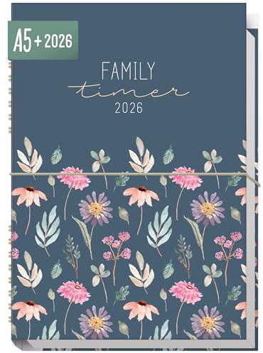 Häfft® Family-Timer 2026 A5+ Flying Flowers für 4 Personen | Familien-Planer 12 Monate: Jan bis Dez 26, Family-Organizer