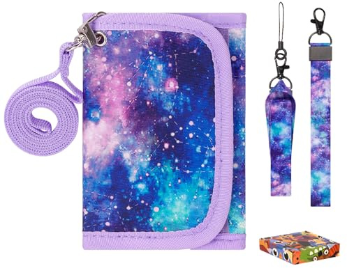 Choco Mocha Brustbeutel für Kinder, Geldbeutel für Mädchen mit Münzfach - Kinder Portemonnaie, Sichtfach, 3 Ersatz-Lanyard & 5 Geschenkbox, Lila Sterne