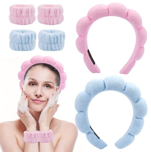 6 stycken ansiktssvamp, pannband för kvinnor, spa yoga sport, duschpannband med 4 armband, mjukt sminkpannband, rosa sminkhårband bubbelhårband för tvätt av ansiktet