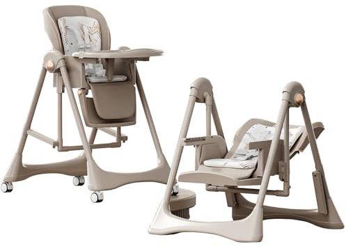 Prokoke Pelle PU Seggiolone con Dondolo e Modalità Di Alimentazione per Bambini, Seggiolone Pieghevole Convertibile per Piccoli con Regolazioni Multi, Ruote, Vassoi Doppi Staccabili (8121 Khaki)