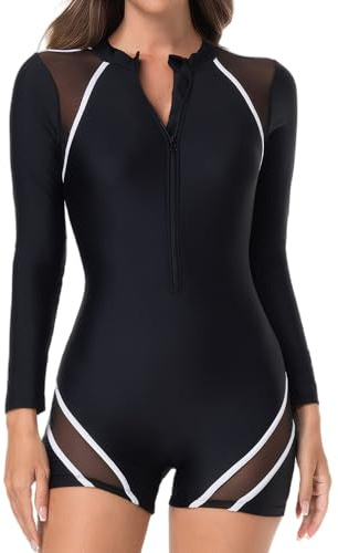 SEAUR Frauen Schwarz Rash Guard Badeanzug Langarm UPF 50+ Surfen Badebekleidung mit eingebautem BH Bescheidener Reißverschluss Sport Badeanzug