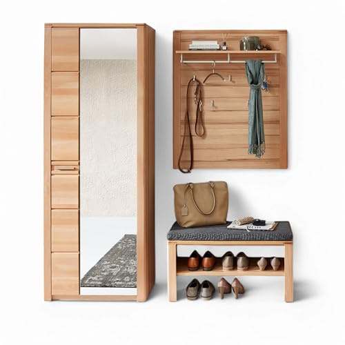 Nature ONE Flurgarderoben Set Kernbuche Teilmassiv Garderobenset 3-teilig | 179 x 201 x 40 cm (B/H/T), FSC-zertifiziert, Metallgriffe, bestehend aus Schrank, Paneel und Schuhbank für den Flur Garderobe