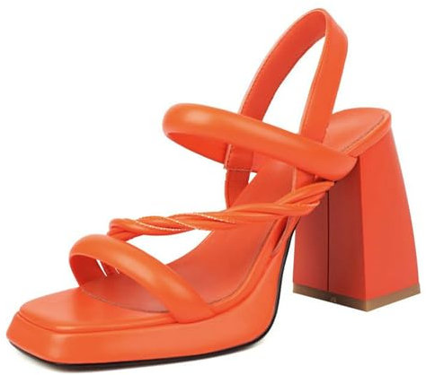 Gueploer Sandali Tacchi da Donna, Tacco Grosso Crossover Strappy Tacchi Alti Estate Open Toe Slingbacks per Tutti I Giorni, Partito,Arancia,44 EU
