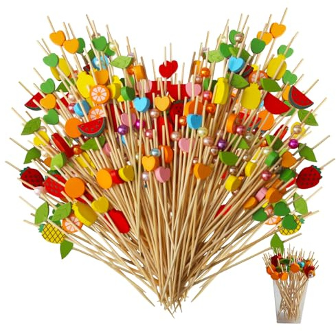 Xmart 300 stück Spieße Fingerfood 12cm Cocktailspieße Spiesse für Snacks Bunt Obstspieße Holz Cocktail Sticks in Perlen Herz und Obst Formen für Restaurants Bar Party Obst Kuchen