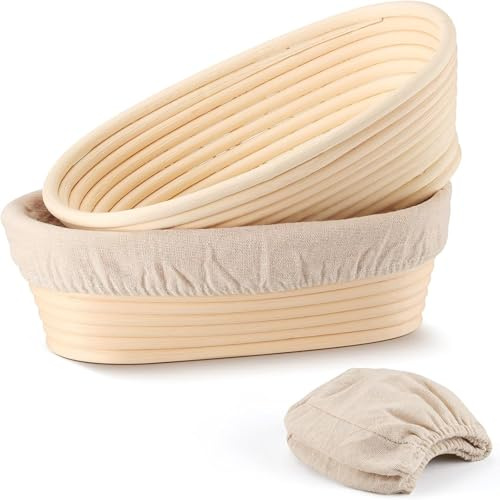 REGAPOG Lot de 2 paniers à pain de ovales 25 cm avec doublures lin – Paniere a pain & corbeille a pain pour cuisson levain – Panier pain artisanal et professionnel (10 pouces)
