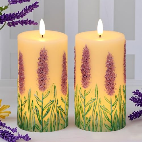 Eldnacele LED Kerzen mit 6H Timer im Lavendel-Dekor, Duftfrei, Flammenlose Kerzen mit Flackernder Flamme, 2er Set LED Wachs-Kerzen für Wohn- & Feiertagsdekoration (7,6 x 16,5 cm)