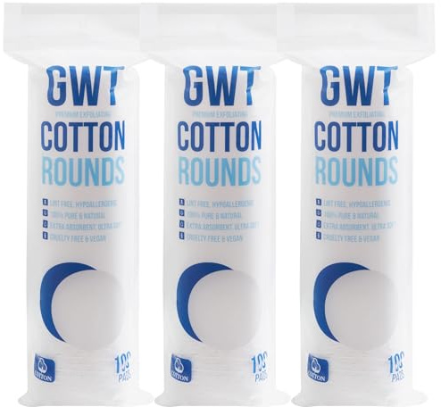GWT Premium Cotton Rounds for Face, 100% Pure & Lint-Free Cotton Pads, Soft & Absorbent Makeup Remover, Hypoallergenic, Multi-Layer Design (100 Count (Pack of 3))