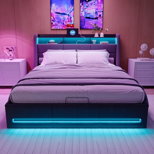 Letto Matrimoniale con Contenitore 140x190, Letto Imbottito con LED letto Contenitore con Presa USB Letti una Piazza e Mezza con contenitore Struttura Letti con Testiera Imbottita (Grigio + Lino-A)