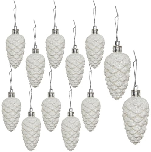 HERZWILD 12PCS Christbaumschmuck Zapfen zum Aufhängen Kunststoff Deko Tannenzapfen Anhänger für den Weihnachtsbaum (weiß-A)