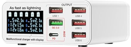 Denash Estación de Carga Múltiple de 6 Puertos con Cargador USB de Pantalla Digital Inteligente para Múltiples Dispositivos, Cargue 6 Dispositivos Simultáneamente con Puertos de Alta (Enchufe de la