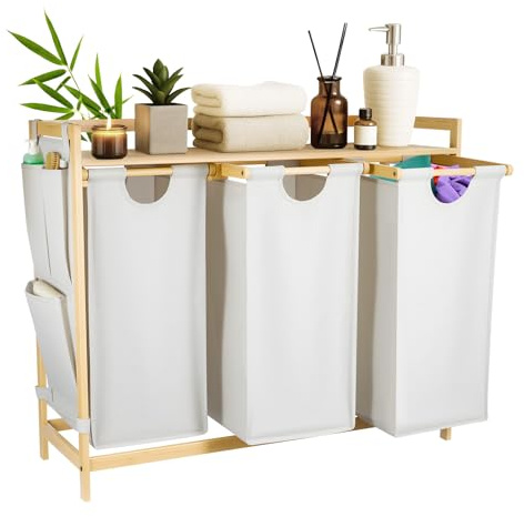 KingSaid Panier à Linge 3 Compartiments 135L en Bambou, Corbeille à Linge avec Étagère et Poches Latérales, Sacs Amovibles Lavables pour Rangement Buanderie (blanc)