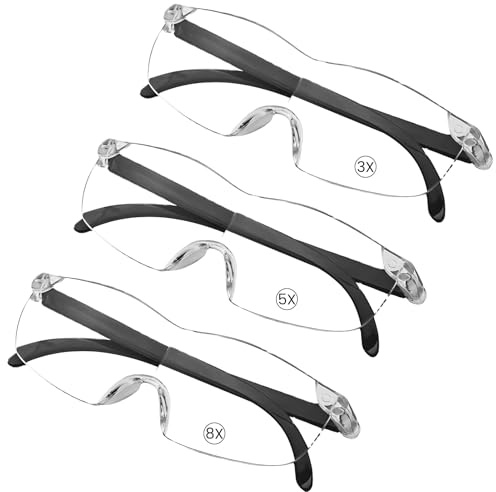 RaitWahl 3 stück 300%，500%, 800% Vergrößerungsbrille Lupenbrille für Brillenträger Leselupe Senioren Lesehilfe Anti-Blaulicht Licht Leselupen für Naharbeit Lesen Nähen Kreuzstich Modellbau