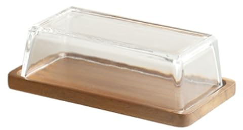 Mantequera de madera de acacia con tapa de cristal, bandeja rectangular retro for queso y postres, vidrio soplado a mano sin plomo, veta de madera natural. Bandeja de postres(Vertical grain)