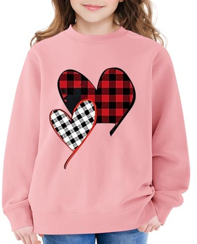 Mjjsk Flickor rund hals sweatshirt trendigt hjärta grafisk jumper barn vardaglig långärmad pullover toppar Preppy söt komfort semester kläder, Rosa, 5-6 Years