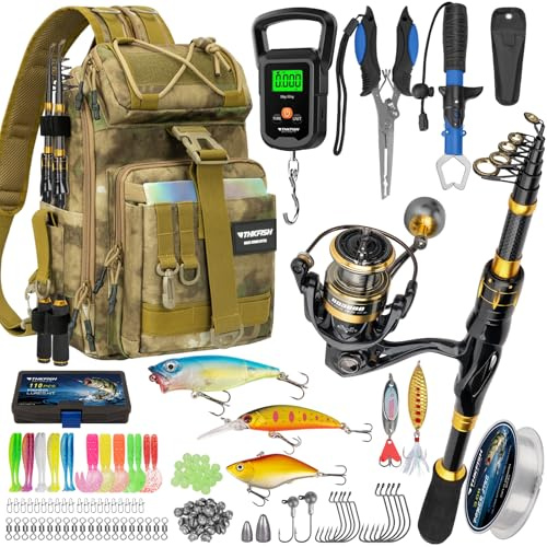 THKFISH Angelrute und Rolle Combo mit Angeln Rucksack, Angelset Anfänger Komplett mit Kohlefaser Teleskop-Angelrute, Angelwerkzeuge, Spinnrolle, Baitcast Zubehör für Salz-/Süßwasser