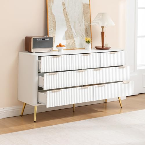 PLLBIKK Byrå vit med 7 lådor, vit skänk, förvaringsskåp, med metallhandtag och mjuka stängande glider, anti-tippenhet, upphöjda ben för robotvakuum (vit 145 x 40 x 80 cm)