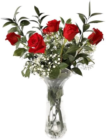 JARDIN202 - Ramo de Rosas Rojas Naturales | Flor Natural | Ramo de rosas rojas frescas | 60cm de alto | Ramo de 6 tallos (Estilo tradicional)