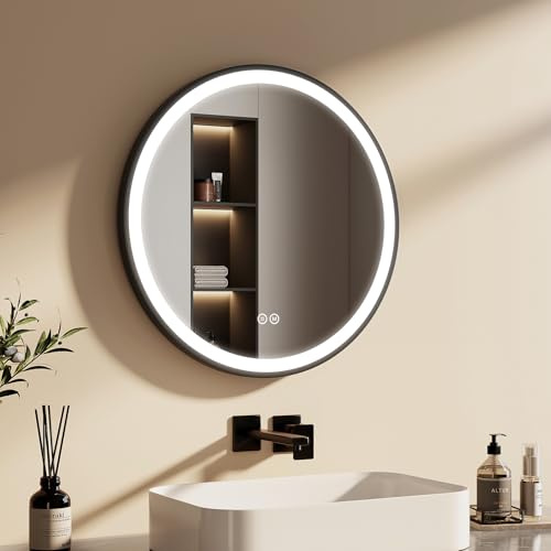 EMKE Miroir Salle de Bain Rond avec Eclairage 60 cm,Cadre Noir | 3 Couleurs de Lumière Dimmables,Miroir Lumineux Salle de Bain Fonction Mémoire, bandoulière réglable