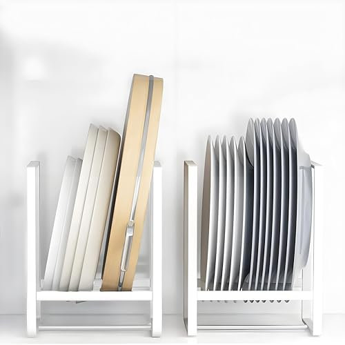 Kiswleon Organizador de platos de 2 unidades, soporte para platos, soporte para platos de metal, organizador sencillo con asas fáciles de transportar, estante para secar platos para platos, tablas de